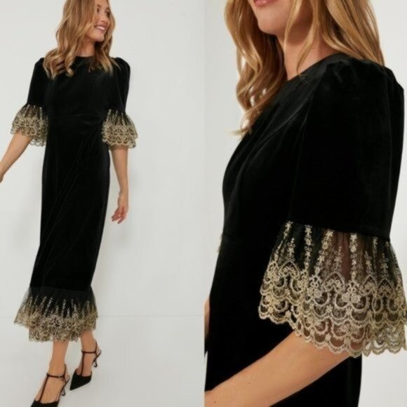 Pomander Place Black Velvet Lillith Gold Embroidered Lace Maxi Dress Size XXXL - Picture 4 of 15